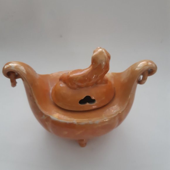Shofu Japan VTG Incense Burner Jar 1930s Orange Lusterware Art Deco Rare - Picture 8 of 11